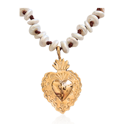 Gold Sacred Heart Pearl Necklace