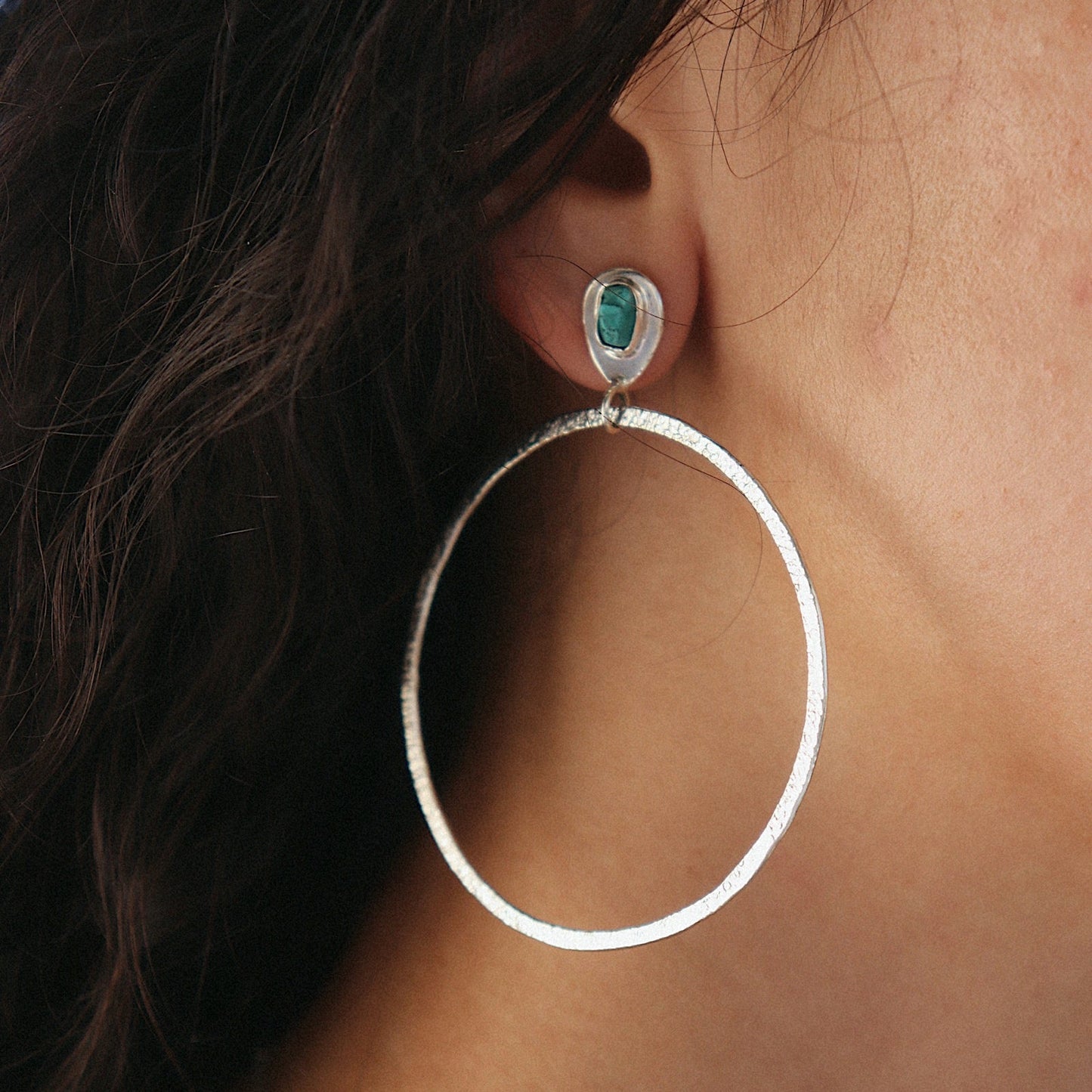 Turquoise Stud Hoop Earrings in Silver