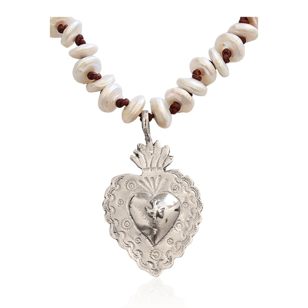 Silver Sacred Heart Pearl Necklace