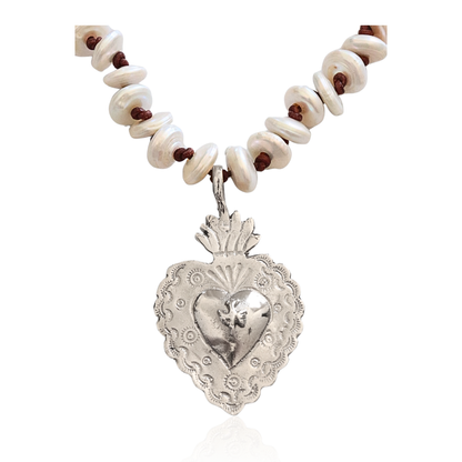 Silver Sacred Heart Pearl Necklace